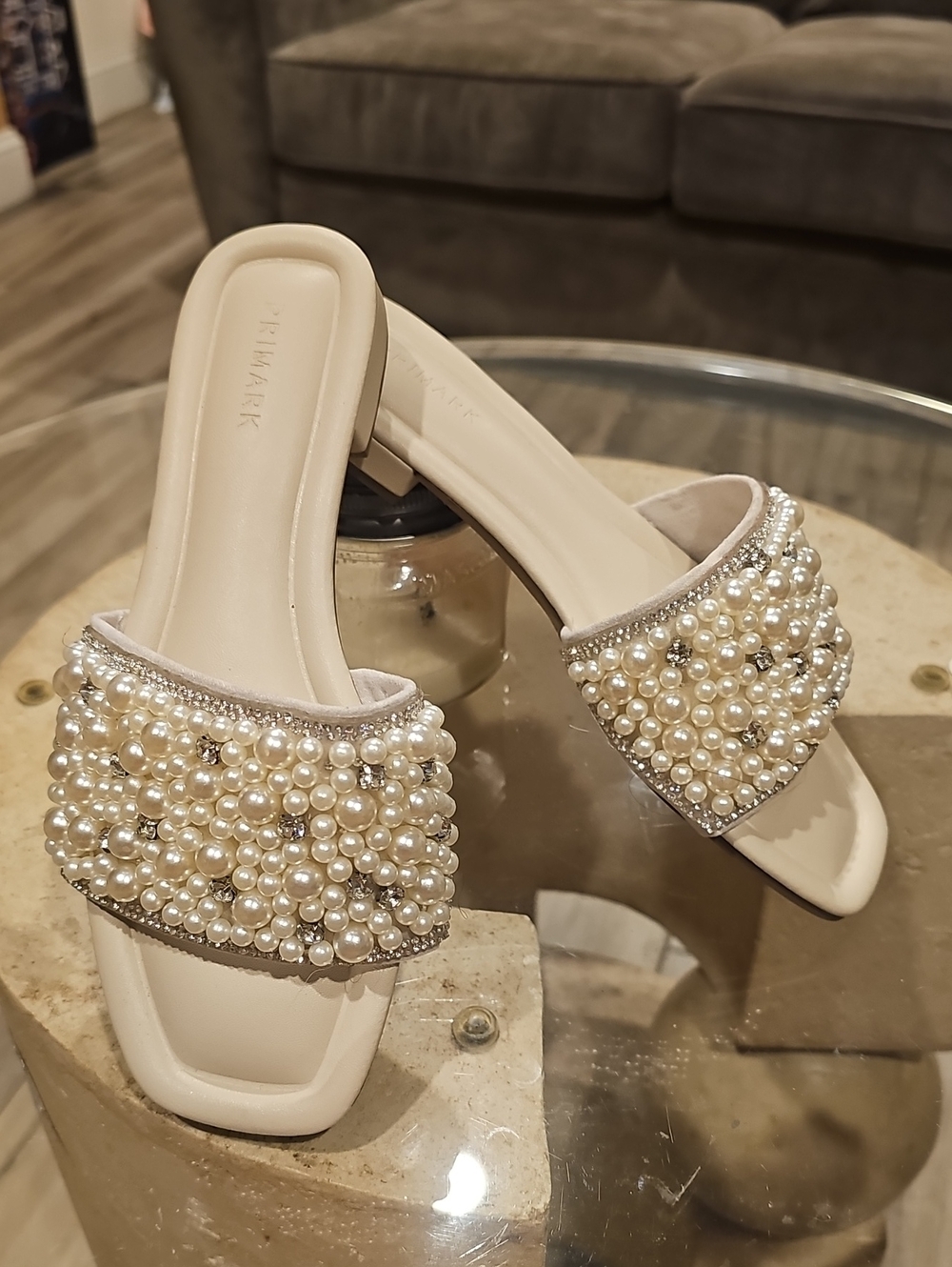 Source Unknown Pearl-Embellished Cream Slide Mules
